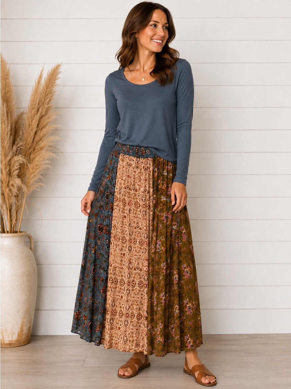 Chelsea & Theodore Three-Panel Floral Maxi Skirt in Teal, Cream & Olive